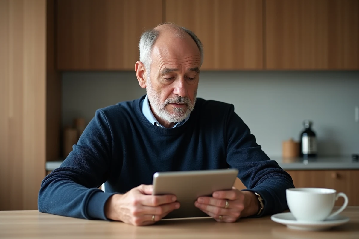 Homme lisant des actualités santé sur une tablette numérique dans sa cuisine, restant informé au quotidien