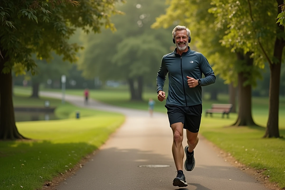 Homme courant dans un parc verdoyant au matin