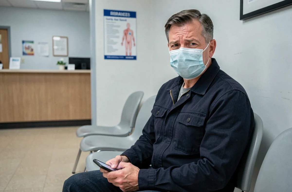 Homme portant un masque chirurgical dans une salle d'attente médicale, contexte variant Covid 2026