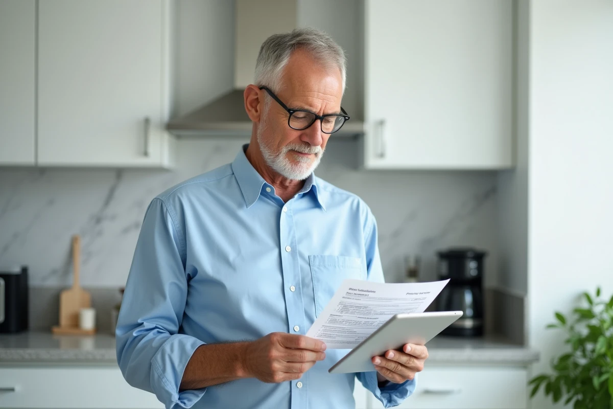 Homme comparant une ordonnance médicale avec les informations d'une pharmacie en ligne sur sa tablette