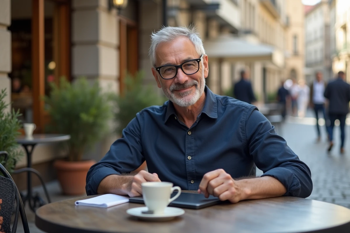 Homme planifiant un voyage sur une tablette numérique attablé dans un café en plein air en ville