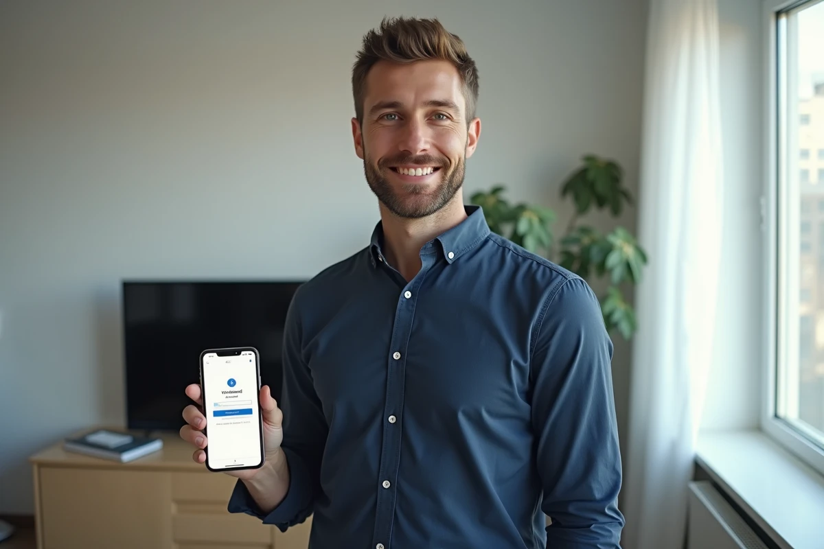 Homme utilisant son smartphone pour soumettre une pièce d'identité sur l'application Vinted