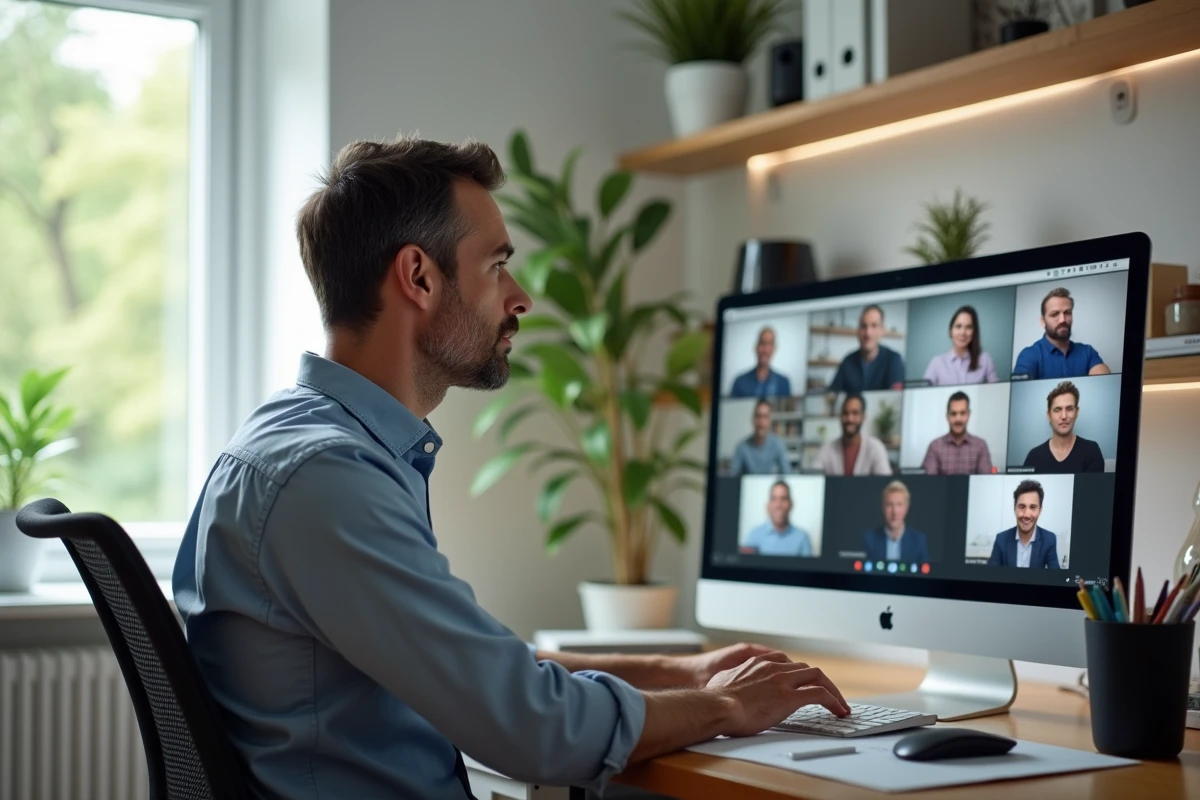 Homme en réunion vidéo dans un bureau lumineux