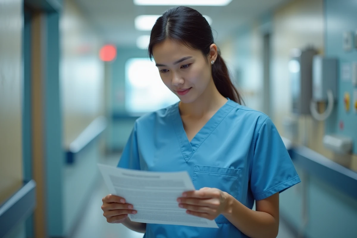 Infirmière en tenue médicale bleue consultant un bulletin de santé dans un couloir d'hôpital