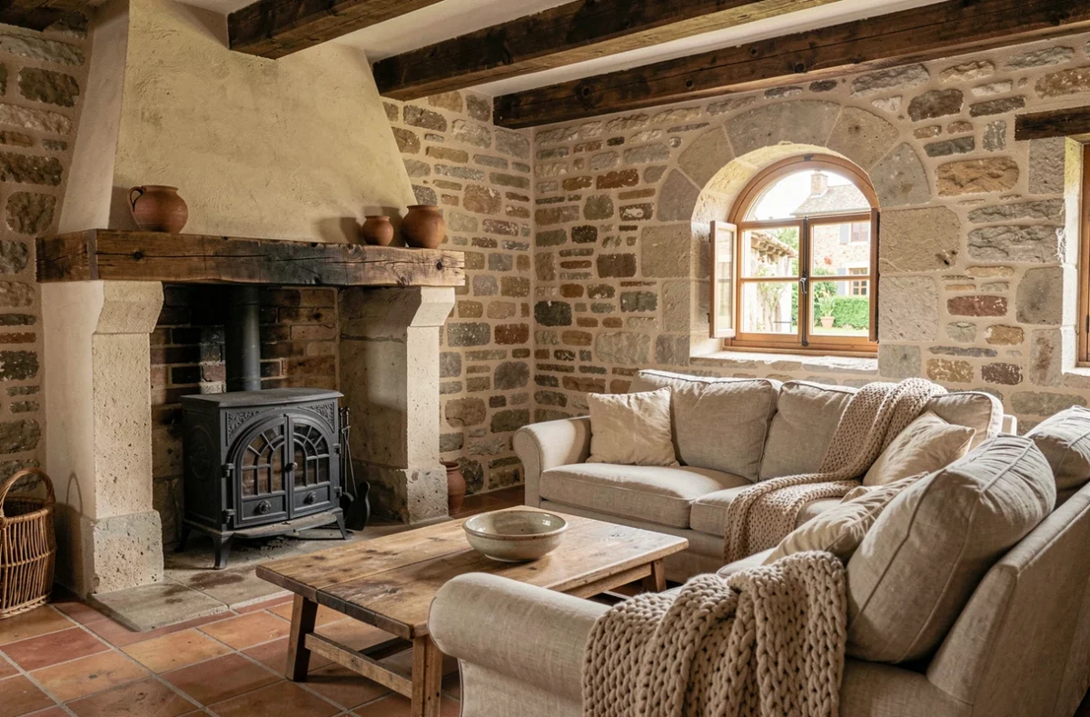Intérieur authentique d'une maison de bourg avec poutres apparentes, cheminée et murs en pierre