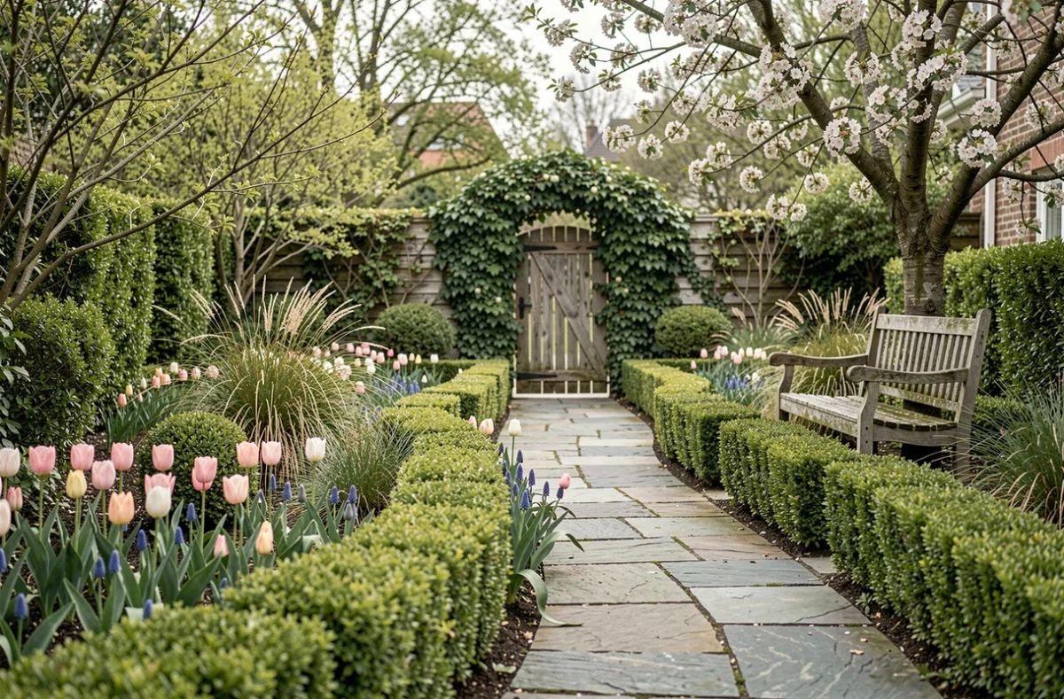 Jardin harmonieux au printemps avec allée en pierre, bordures de buis et bulbes en fleurs pour un aménagement toutes saisons