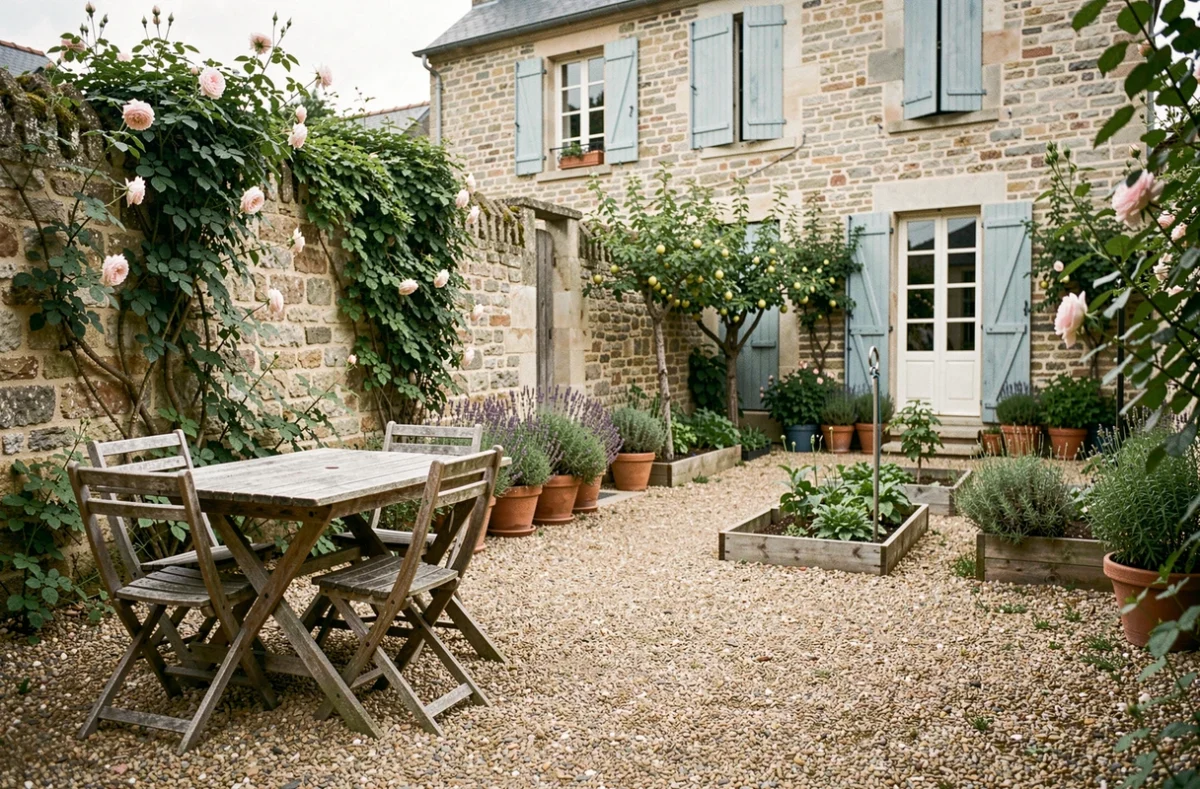 Jardin intérieur d'une maison de bourg avec murs en pierre, mobilier de jardin et végétation grimpante