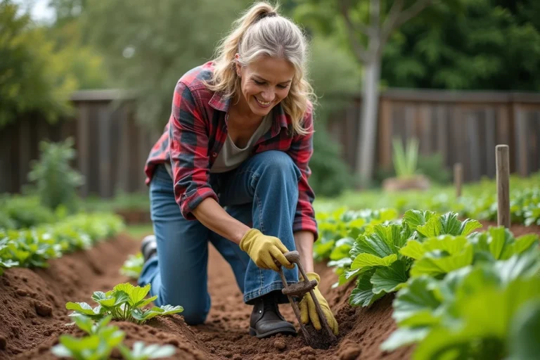 Femme d'âge moyen utilisant une grelinette dans un jardin luxuriant