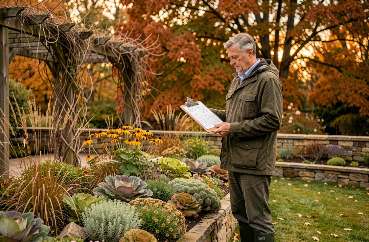 Jardinier planifiant l'aménagement d'un jardin en automne avec des plantations saisonnières et une pergola en arrière-plan