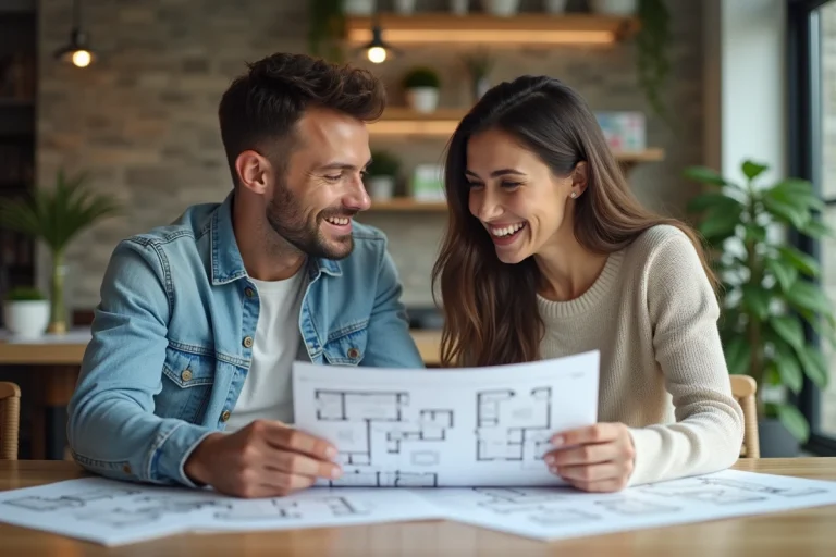 Jeune couple regardant des plans dans une agence immobiliere