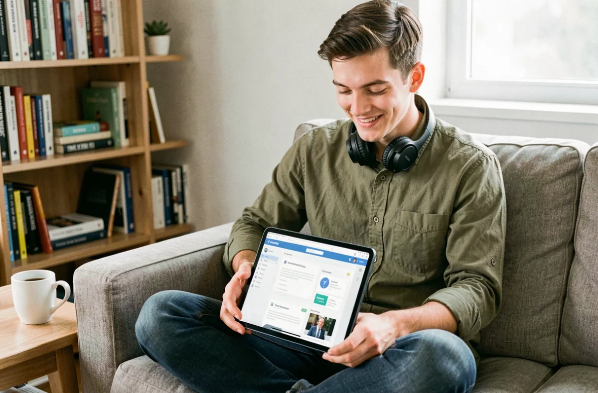 Jeune entrepreneur apprenant en ligne via une formation innovante pour lancer son business depuis chez lui