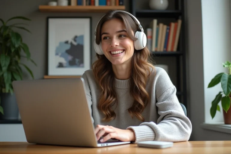 Jeune femme souriante avec casque et ordinateur portable