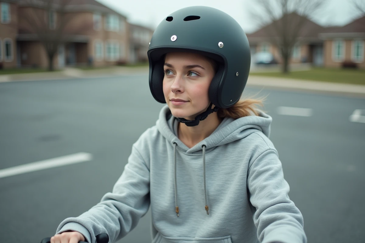 Jeune femme en scooter 50cc portant un casque lors d'une formation pratique pour passer le BSR