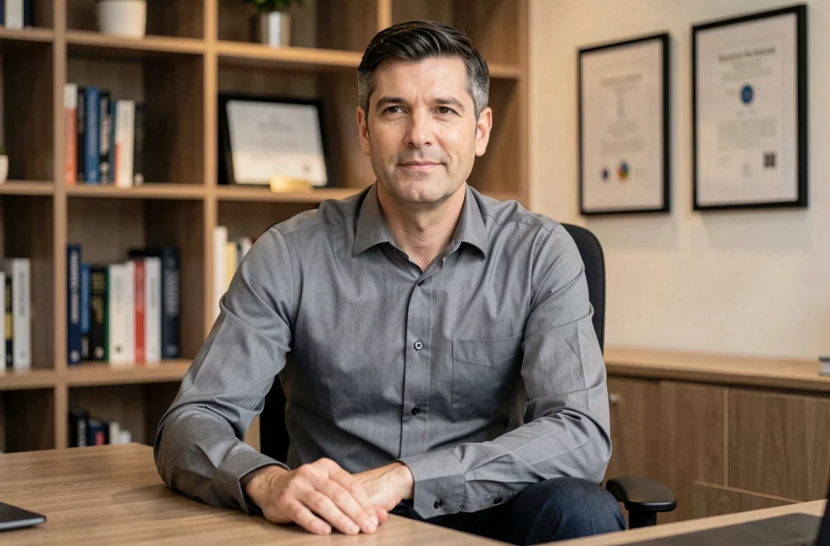 Homme professionnel dans la quarantaine assis à un bureau dans un cadre de bureau moderne, portrait éditorial