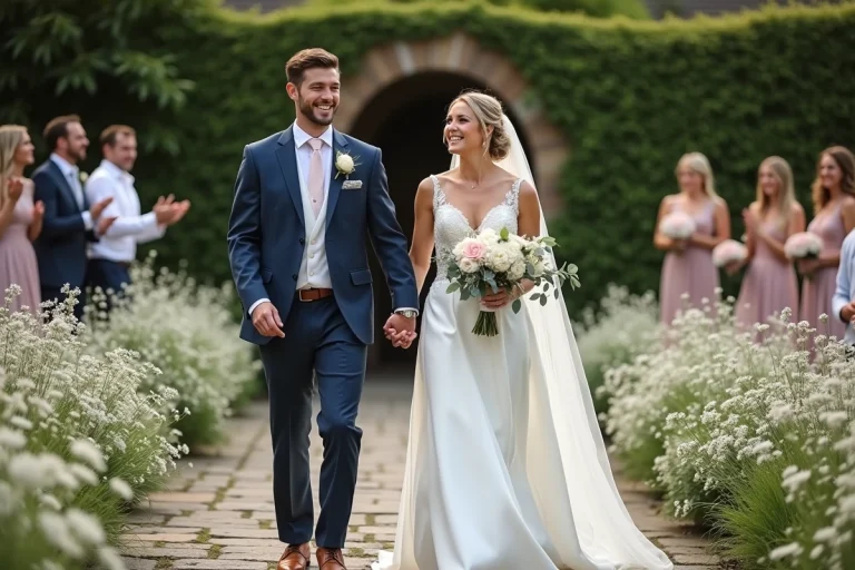 Jeune couple de mariés dans un jardin romantique
