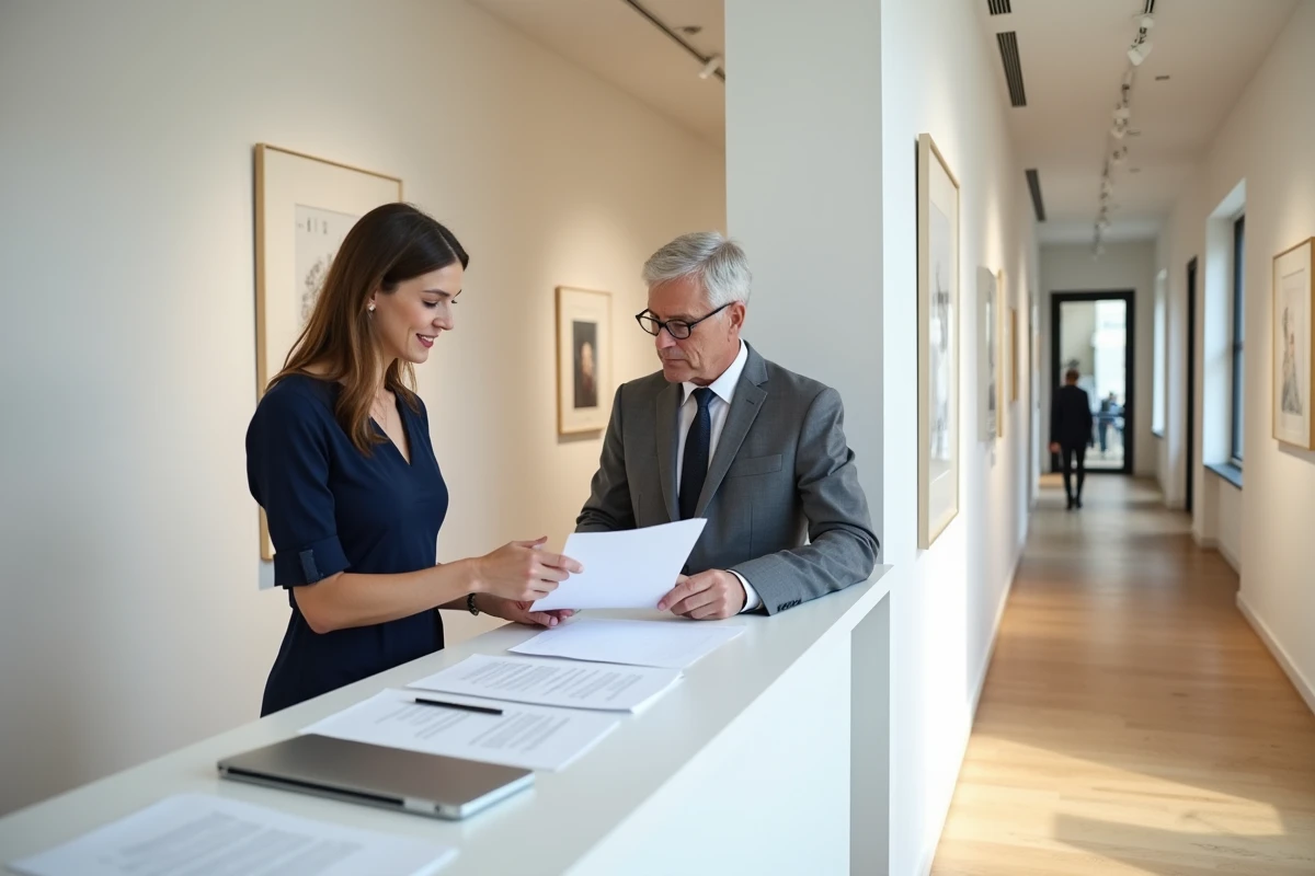 Négociation entre un artiste et un galeriste autour des frais d'exposition dans une galerie d'art