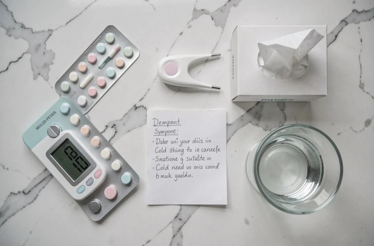 Vue du dessus d'objets médicaux sur un comptoir blanc, thermomètre et médicaments pour distinguer Covid et rhume