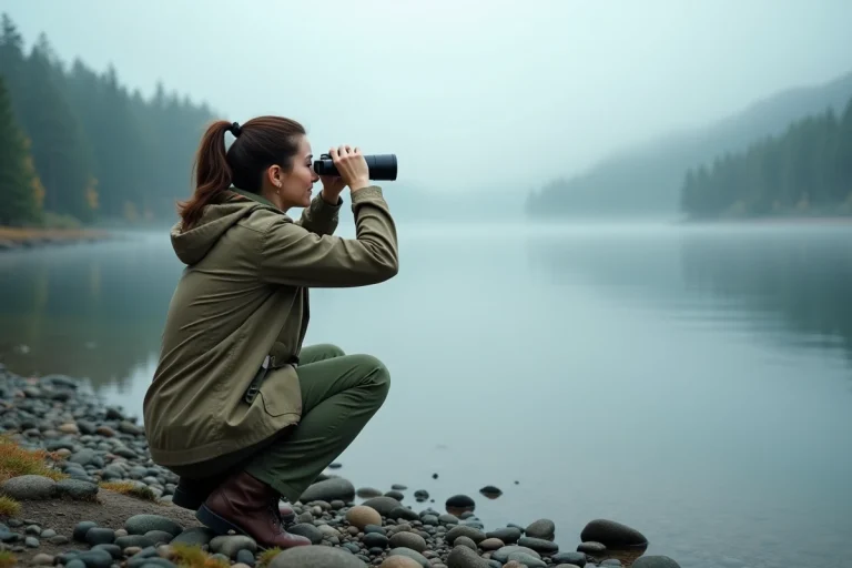 Femme ornithologue observant les oiseaux avec des jumelles sur les rives du lac d'Aiguebelette au lever du jour