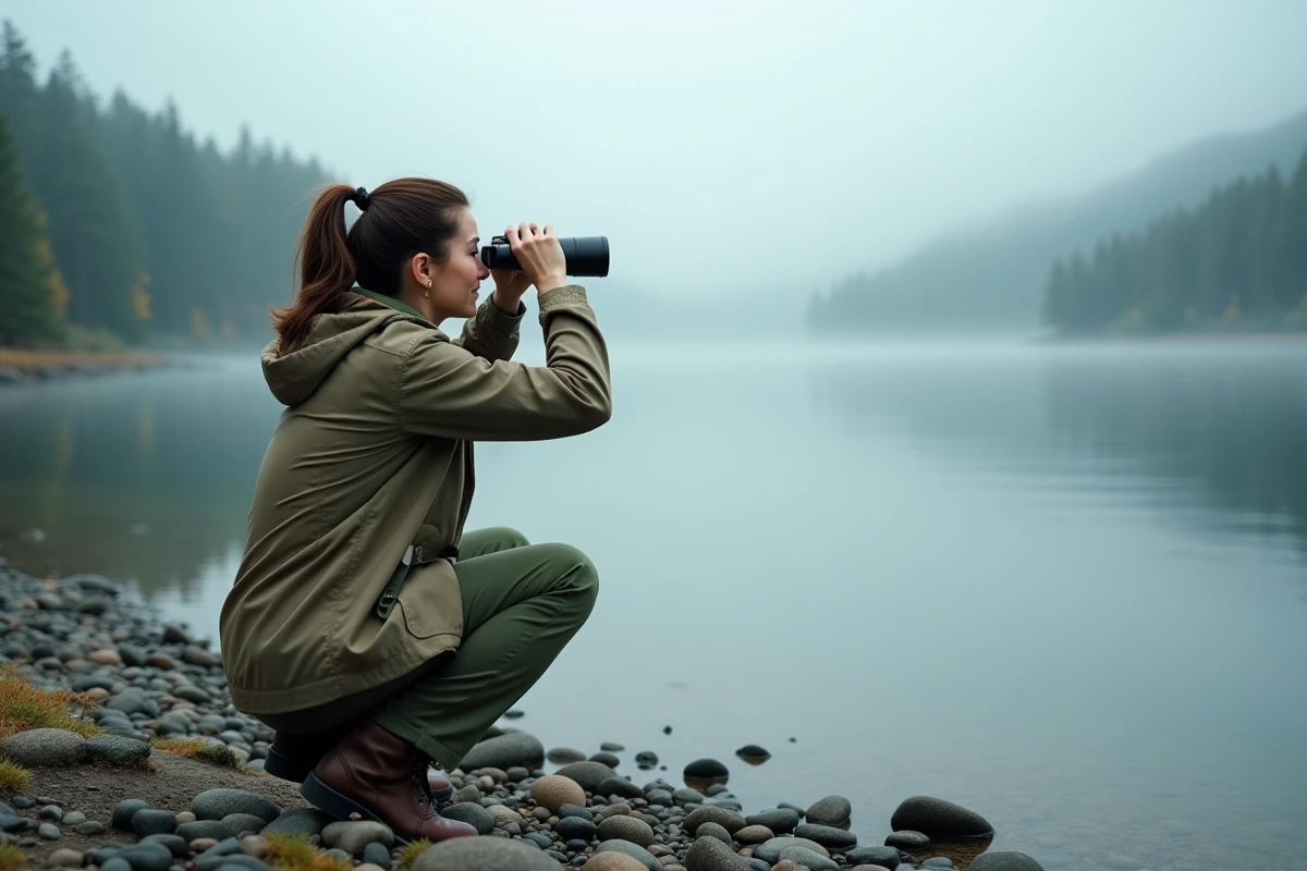 Femme ornithologue observant les oiseaux avec des jumelles sur les rives du lac d'Aiguebelette au lever du jour