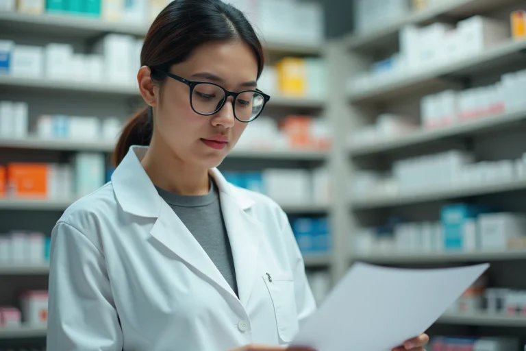 Pharmacienne en blouse blanche consultant un document de santé derrière son comptoir dans une pharmacie moderne