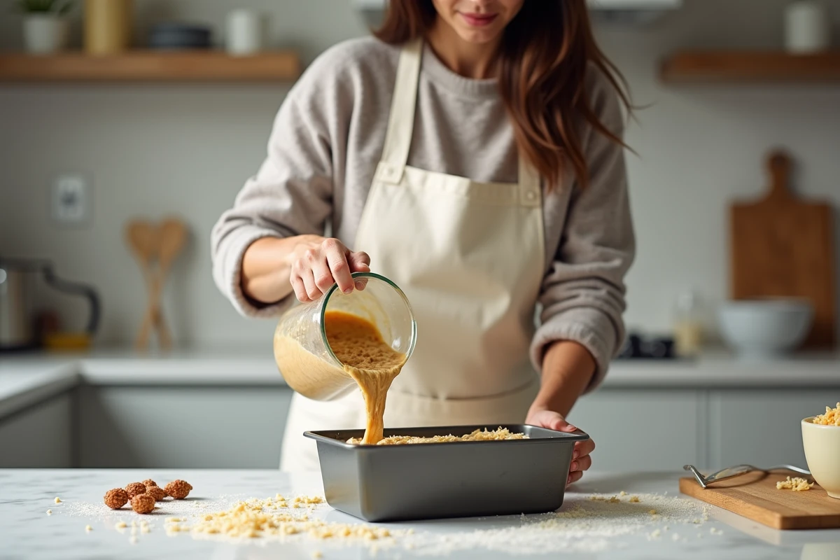 Femme versant la pâte à cake aux lardons et gruyère dans un moule à cake sur un plan de travail en marbre blanc