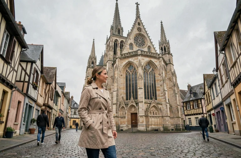 Femme se promenant devant la cathédrale gothique d'Évreux en automne, architecture normande en arrière-plan