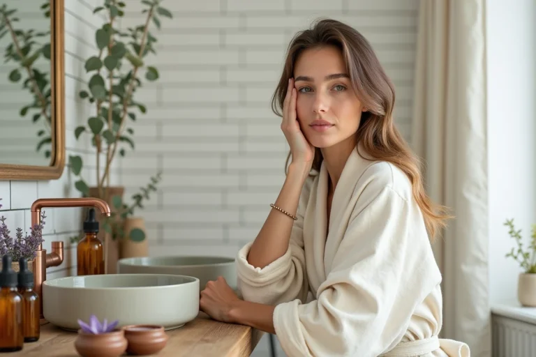 Femme appliquant une routine beauté naturelle avec des cosmétiques bio sur une coiffeuse en bois