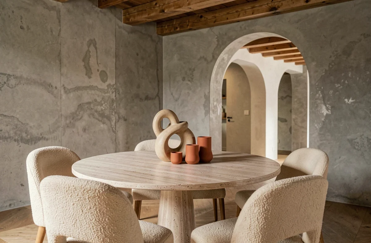 Salle à manger tendance 2024 avec table en travertin, chaises boucle crème et décoration en céramique terracotta