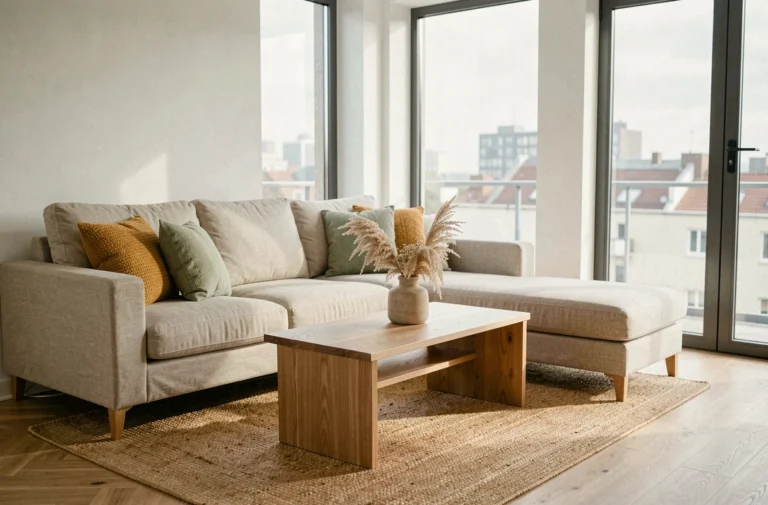 Salon scandinave moderne avec canapé en lin, table basse en chêne et herbes de pampa séchées, tendances déco 2024
