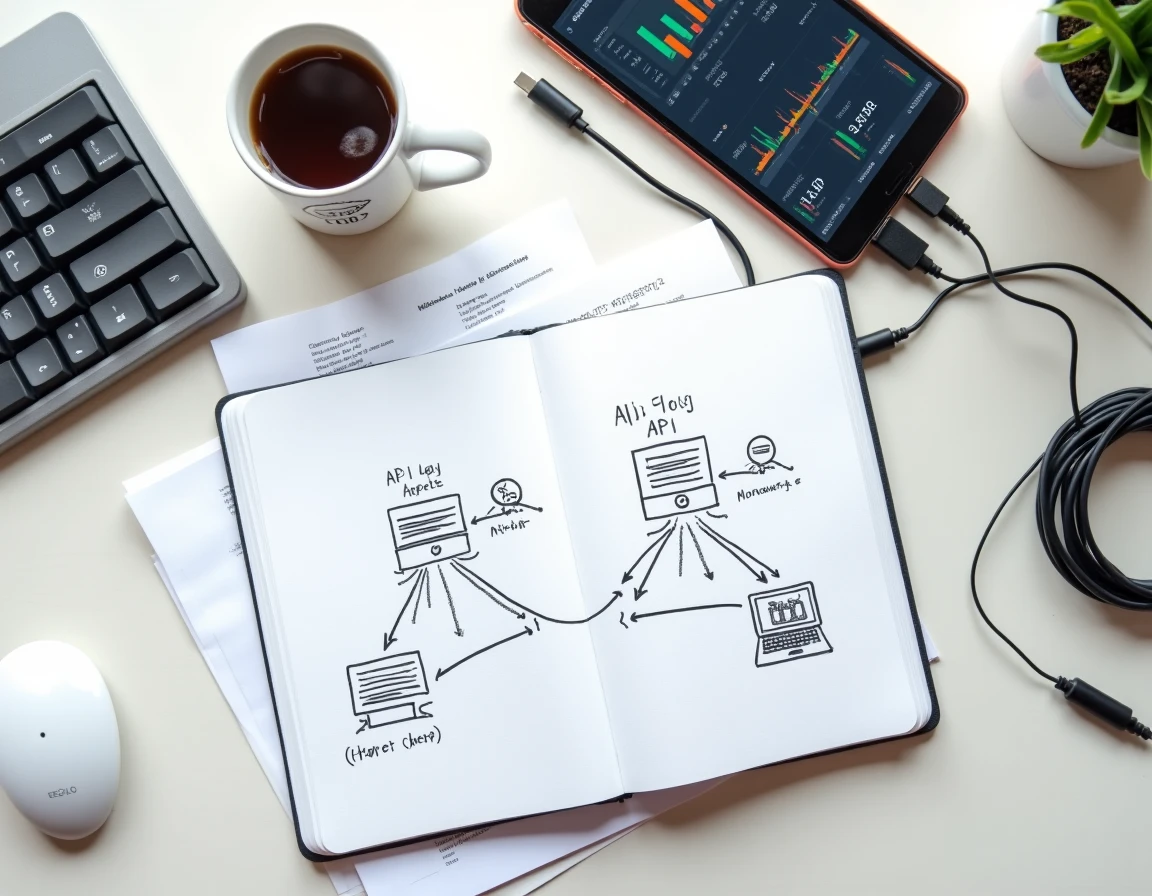 Vue aérienne d'un bureau avec un cahier illustrant les architectures d'intégration API et de connecteurs pour une entreprise