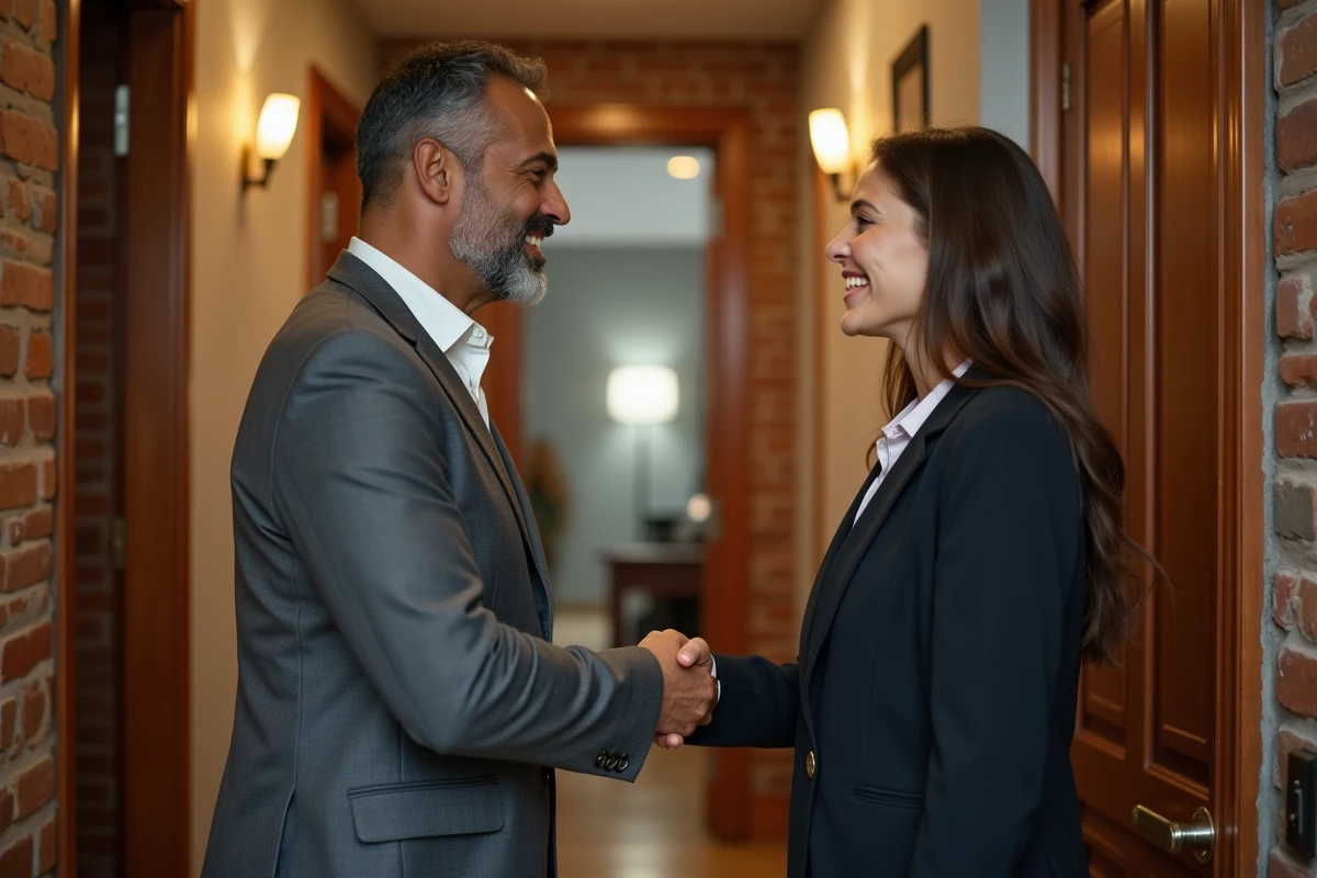 Propriétaire et locataire se serrant la main devant une porte d appartement