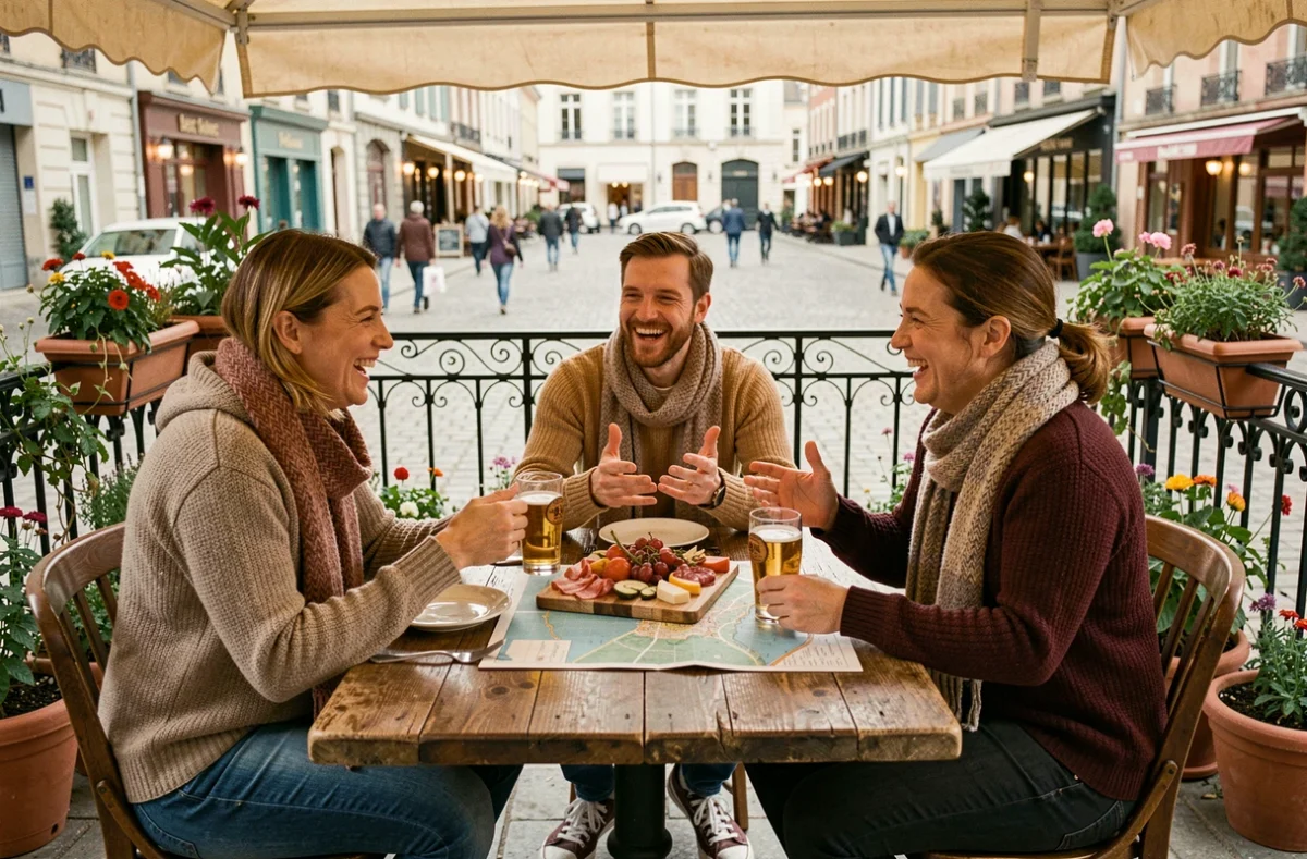Groupe d'amis attablés en terrasse d'une brasserie normande à Évreux, partageant un repas convivial en ville