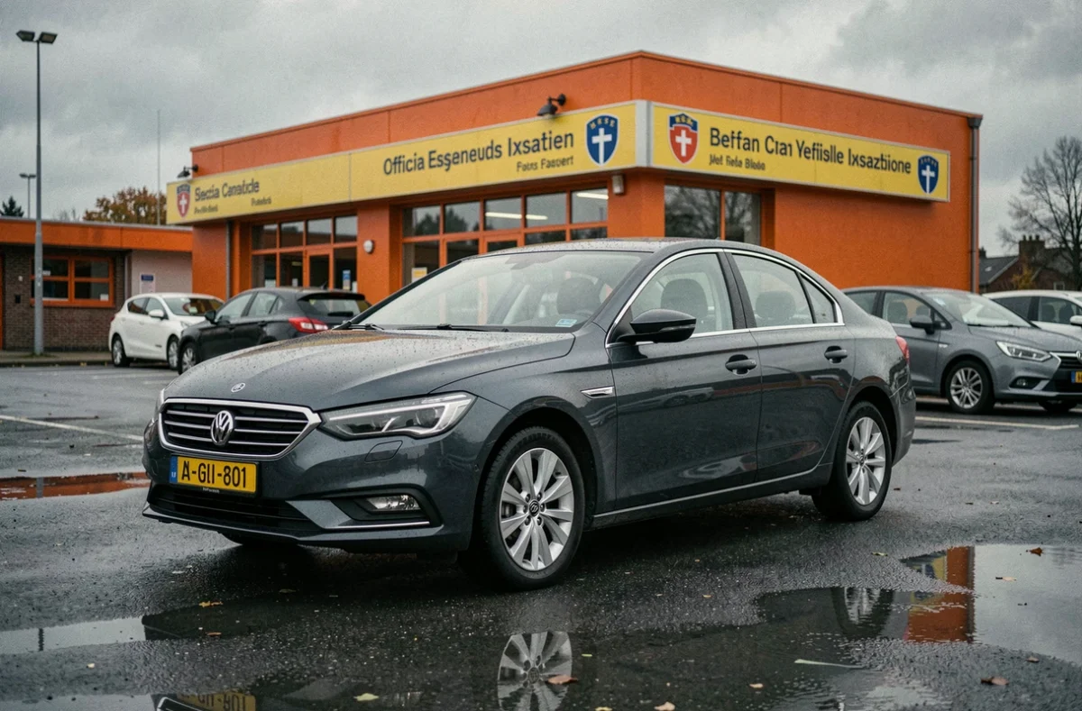 Voiture garée devant un centre de contrôle technique officiel en Belgique par temps couvert